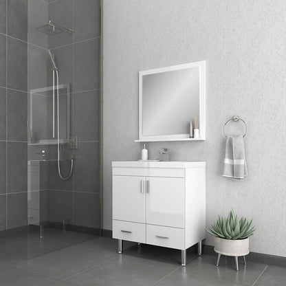 Alya Bath Ripley  30" Single White Modern Freestanding  Bathroom Vanity With Integrated Acrylic Top, Acrylic Sink and Wall Mounted Mirror - AT-8085-W+AT-30-M-W - Backyard Provider