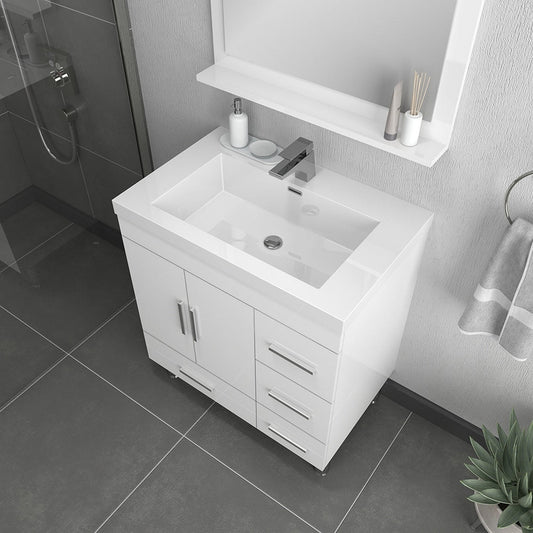 Alya Bath Ripley  30" Single White Modern Freestanding  Bathroom Vanity With drawers, Integrated Acrylic Top, Acrylic Sink and Wall Mounted Mirror - AT-8050-W+AT-30-M-W - Backyard Provider