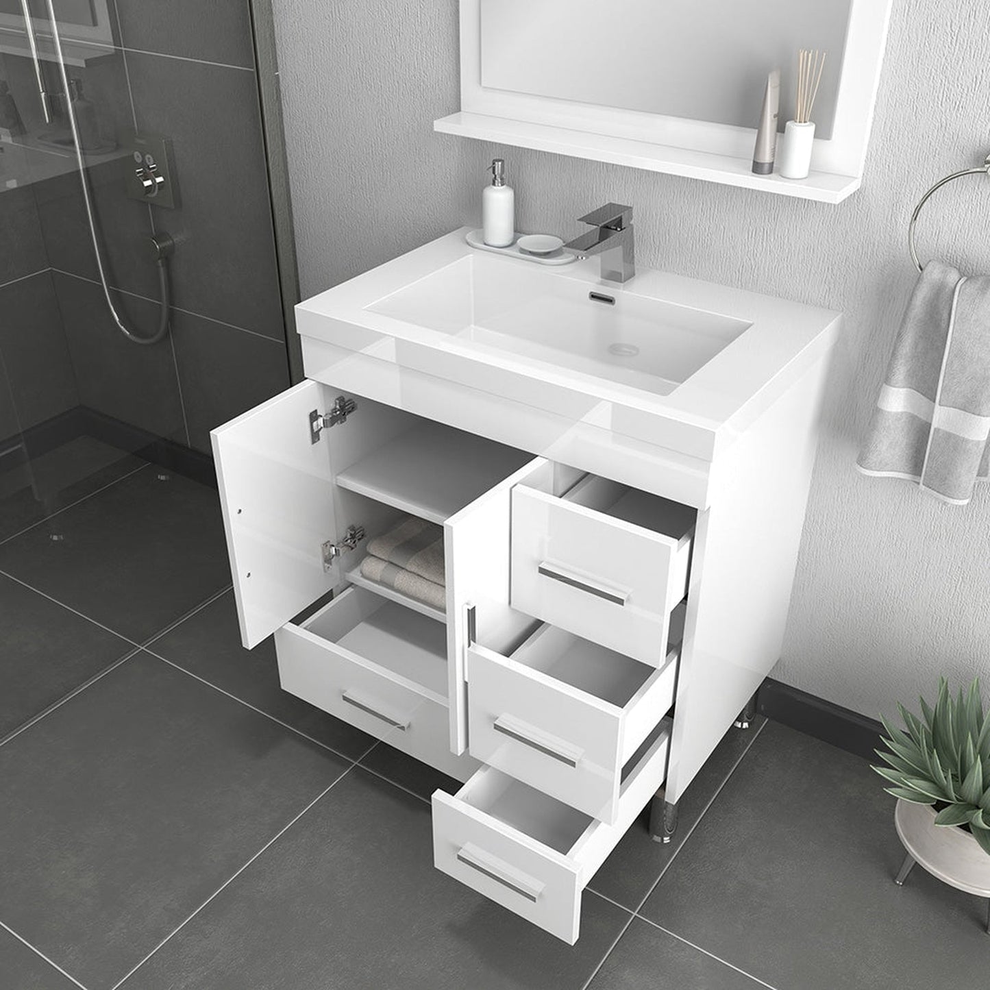 Alya Bath Ripley  30" Single White Modern Freestanding  Bathroom Vanity With drawers, Integrated Acrylic Top, Acrylic Sink and Wall Mounted Mirror - AT-8050-W+AT-30-M-W - Backyard Provider