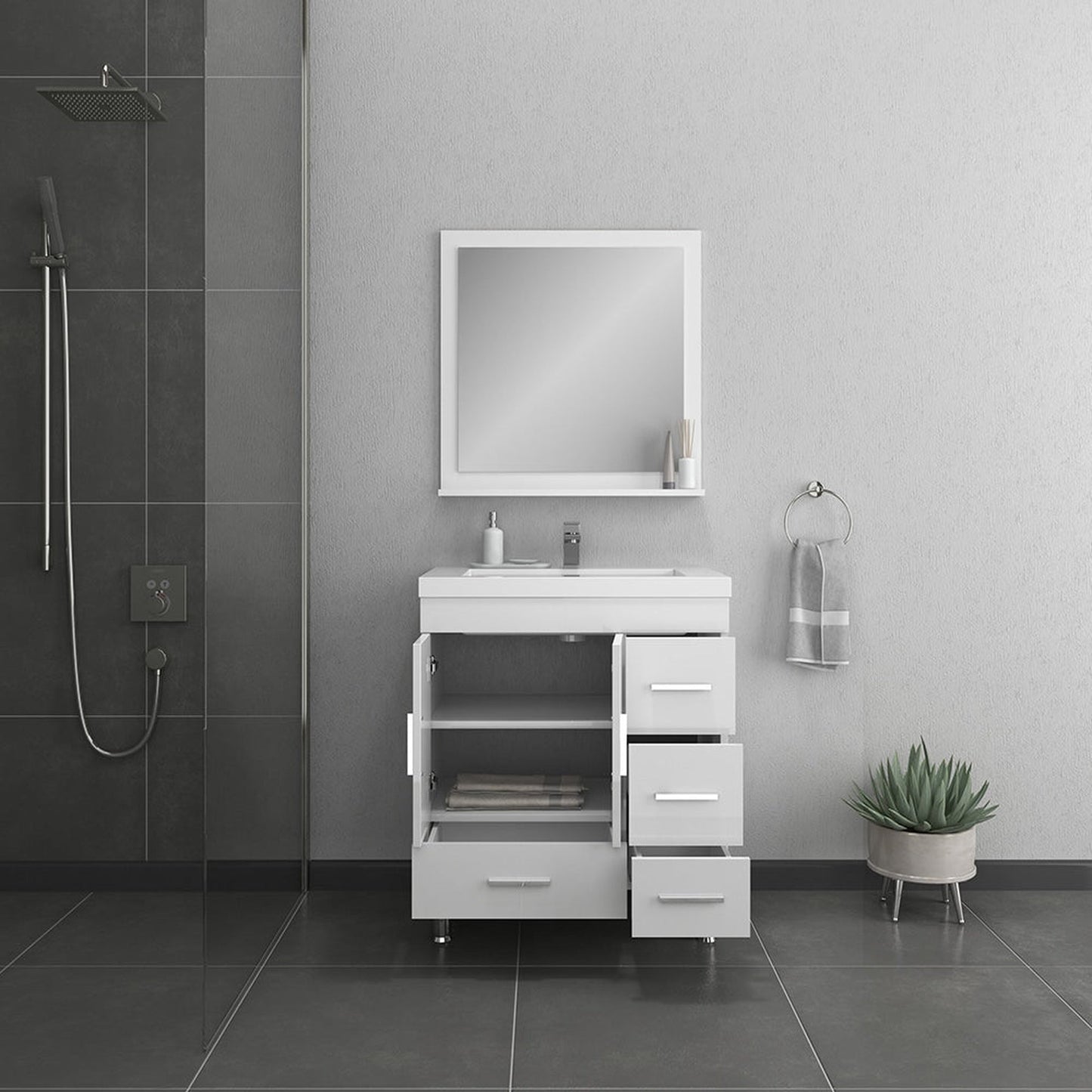 Alya Bath Ripley  30" Single White Modern Freestanding  Bathroom Vanity With drawers, Integrated Acrylic Top, Acrylic Sink and Wall Mounted Mirror - AT-8050-W+AT-30-M-W - Backyard Provider