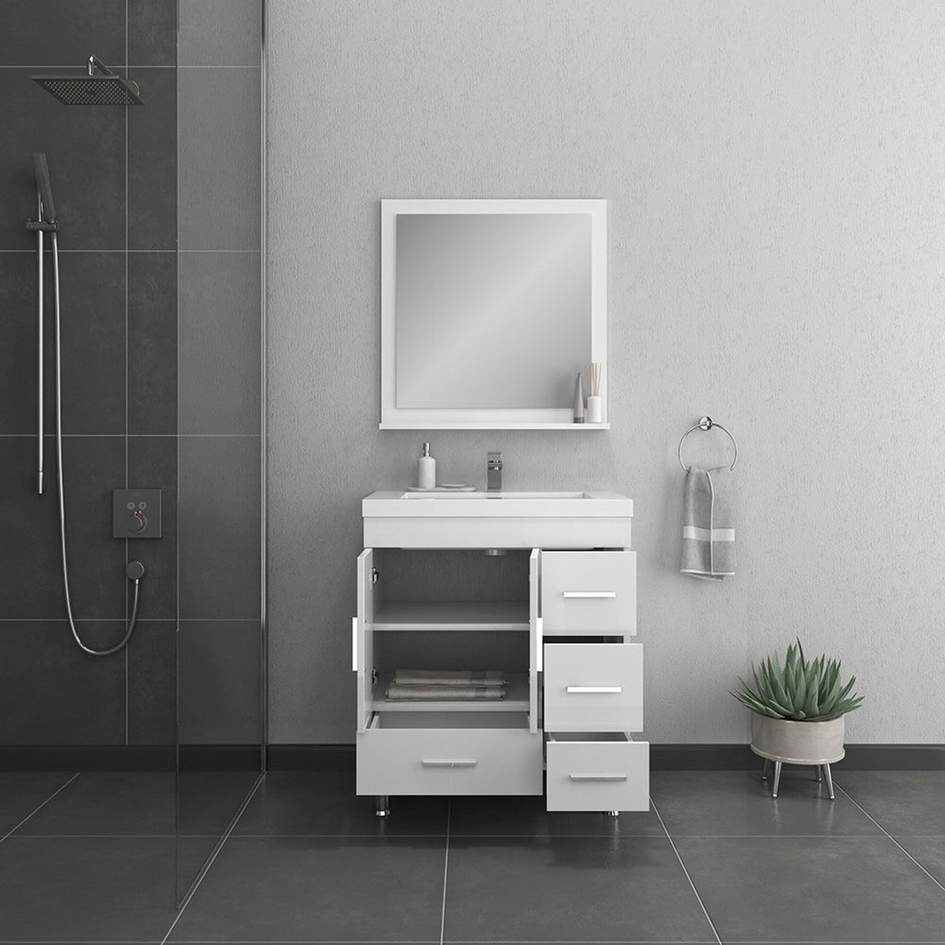 Alya Bath Ripley  30" Single White Modern Freestanding  Bathroom Vanity With drawers, Integrated Acrylic Top, Acrylic Sink and Wall Mounted Mirror - AT-8050-W+AT-30-M-W - Backyard Provider