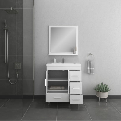 Alya Bath Ripley  30" Single White Modern Freestanding  Bathroom Vanity With drawers, Integrated Acrylic Top, Acrylic Sink and Wall Mounted Mirror - AT-8050-W+AT-30-M-W - Backyard Provider
