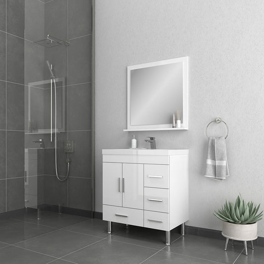 Alya Bath Ripley  30" Single White Modern Freestanding  Bathroom Vanity With drawers, Integrated Acrylic Top, Acrylic Sink and Wall Mounted Mirror - AT-8050-W+AT-30-M-W - Backyard Provider
