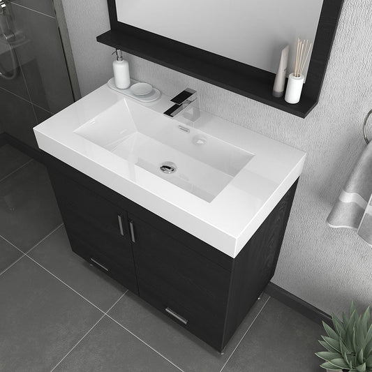 Alya Bath Ripley  36" Single Black Modern Freestanding  Bathroom Vanity With Integrated Acrylic Top, Acrylic Sink and Wall Mounted Mirror - AT-8089-B+AT-36-M-B - Backyard Provider