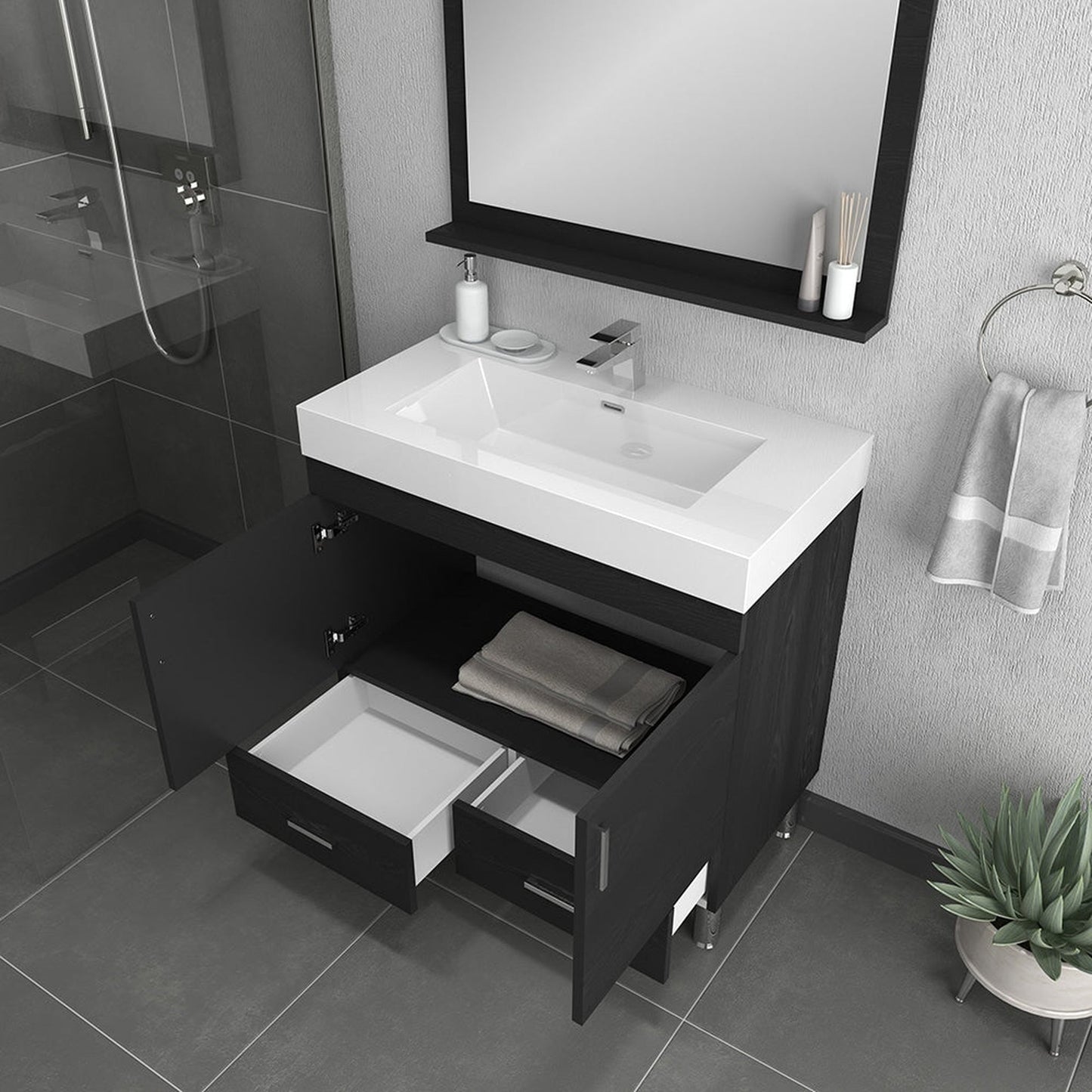 Alya Bath Ripley  36" Single Black Modern Freestanding  Bathroom Vanity With Integrated Acrylic Top, Acrylic Sink and Wall Mounted Mirror - AT-8089-B+AT-36-M-B - Backyard Provider