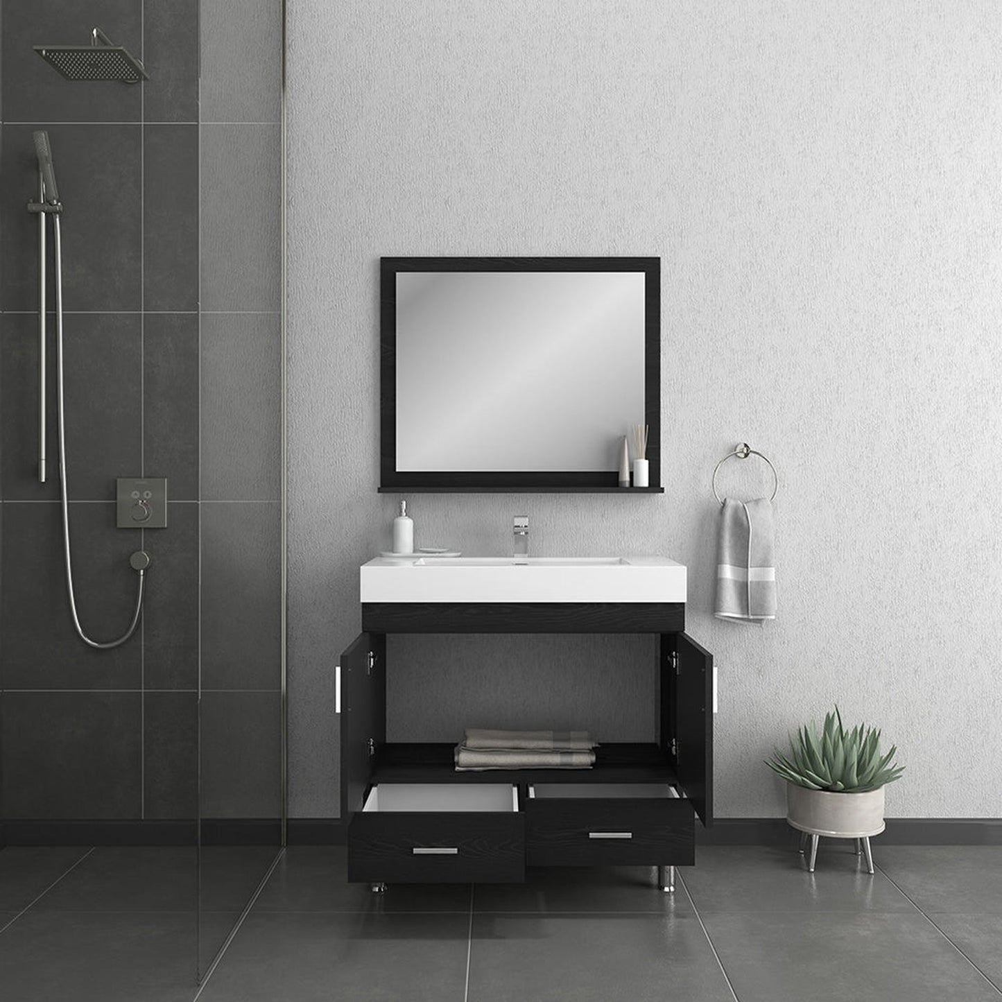 Alya Bath Ripley  36" Single Black Modern Freestanding  Bathroom Vanity With Integrated Acrylic Top, Acrylic Sink and Wall Mounted Mirror - AT-8089-B+AT-36-M-B - Backyard Provider