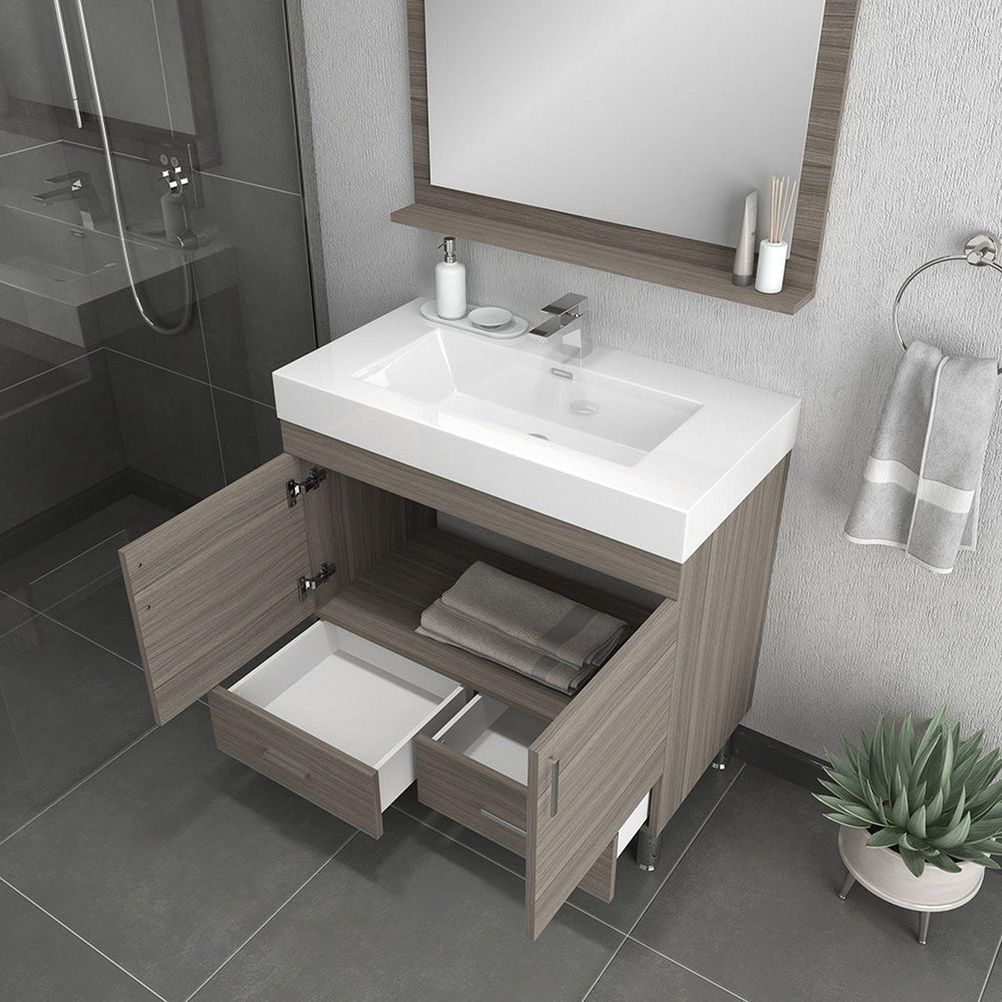 Alya Bath Ripley  36" Single Gray Modern Freestanding  Bathroom Vanity With Integrated Acrylic Top, Acrylic Sink and Wall Mounted Mirror - AT-8089-G+AT-36-M-G - Backyard Provider
