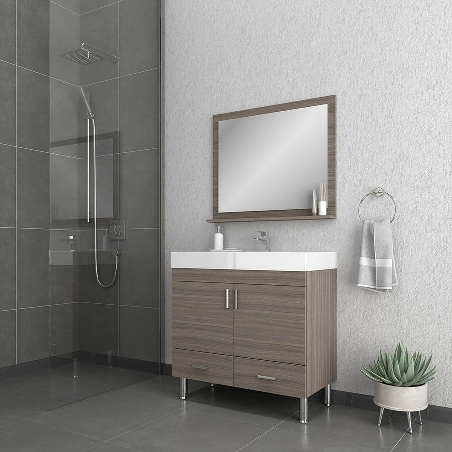 Alya Bath Ripley  36" Single Gray Modern Freestanding  Bathroom Vanity With Integrated Acrylic Top, Acrylic Sink and Wall Mounted Mirror - AT-8089-G+AT-36-M-G - Backyard Provider