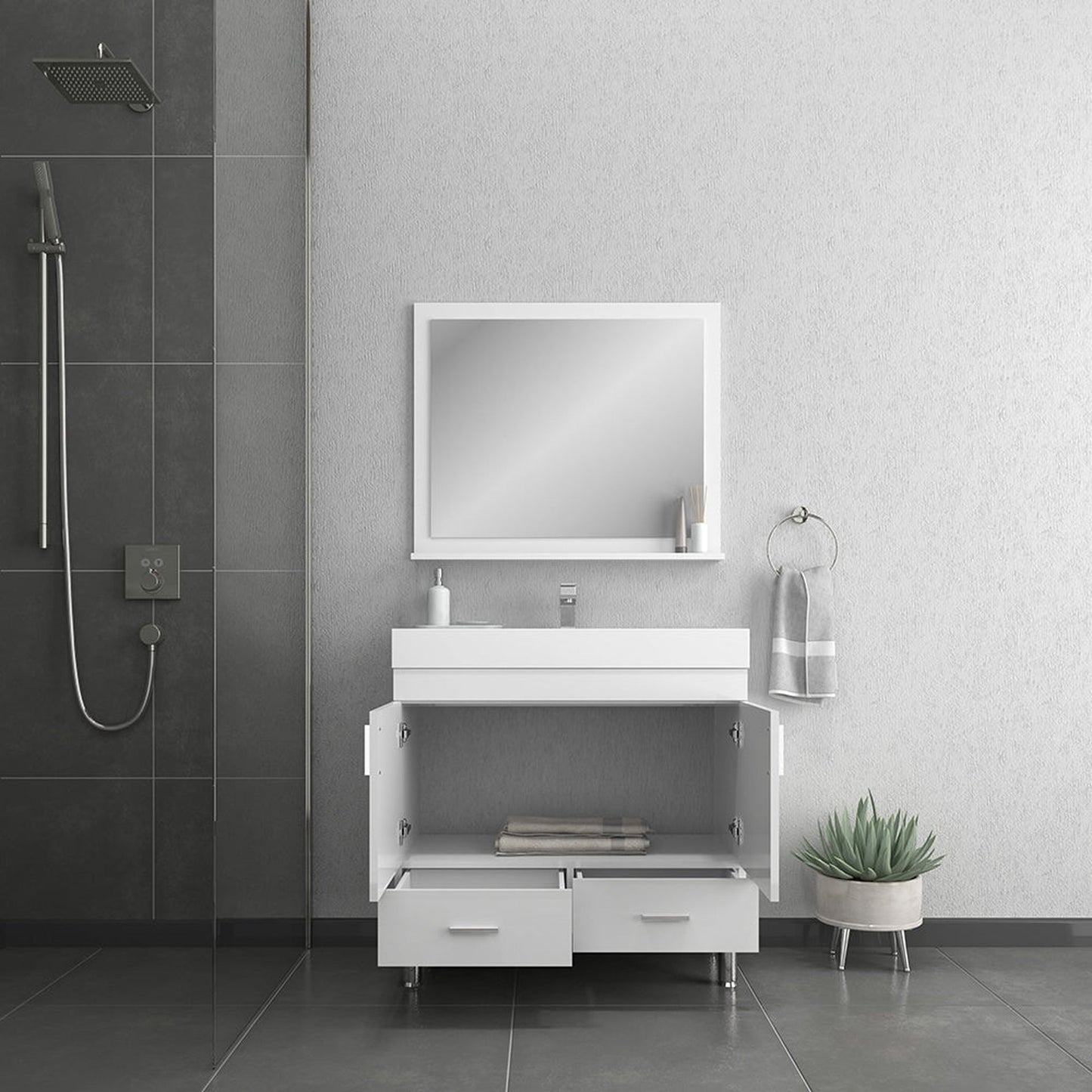 Alya Bath Ripley  36"  Single White Modern Modern Freestanding Bathroom Vanity With Integrated Acrylic Top, Acrylic Sink and Wall Mounted Mirror - AT-8089-W+AT-36-M-W - Backyard Provider