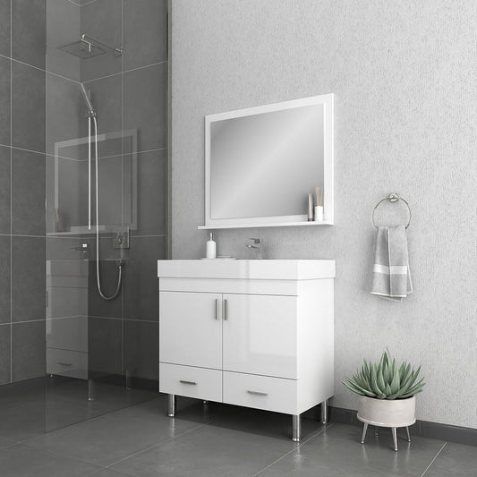 Alya Bath Ripley  36"  Single White Modern Modern Freestanding Bathroom Vanity With Integrated Acrylic Top, Acrylic Sink and Wall Mounted Mirror - AT-8089-W+AT-36-M-W - Backyard Provider