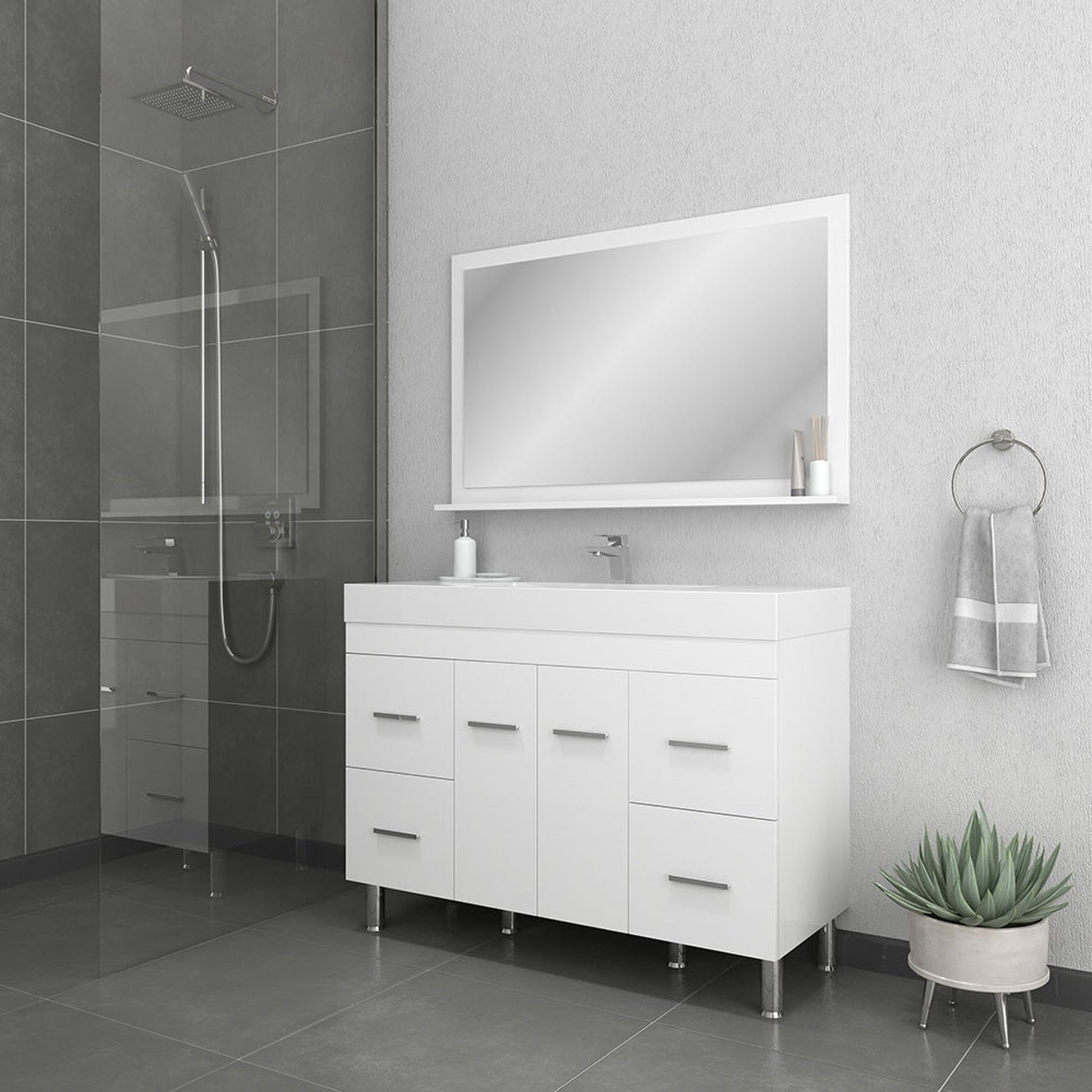 Alya Bath Ripley 48" Single White Modern Freestanding  Bathroom Vanity With Integrated Acrylic Top, Acrylic Sink and Wall Mounted Mirror - AT-8042-W+AT-48-M-W - Backyard Provider