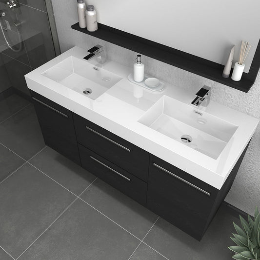 Alya Bath Ripley  54"  Double Black Modern Wall Mounted  Bathroom Vanity With Integrated Acrylic Top, Acrylic Sink and Wall Mounted Mirror - AT-8047-B-D+AT-48-M-B - Backyard Provider