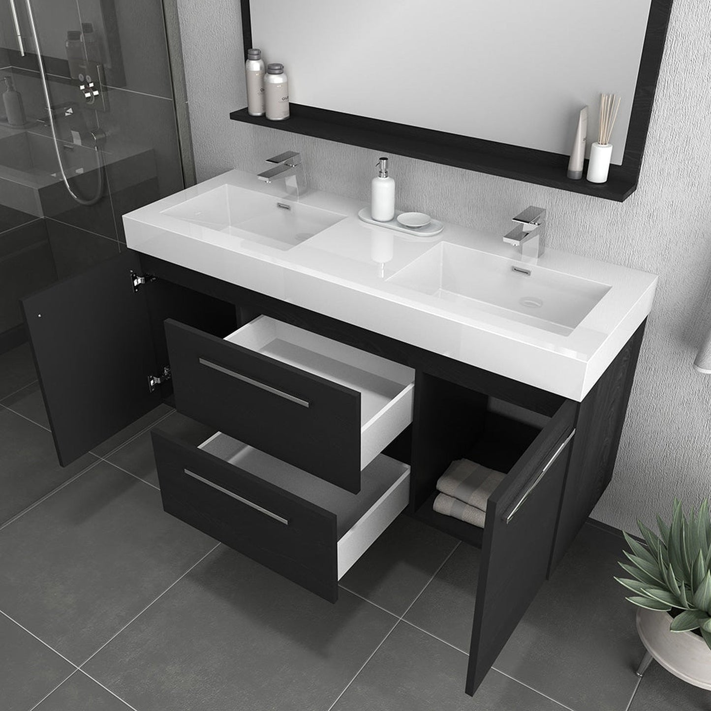 Alya Bath Ripley  54"  Double Black Modern Wall Mounted  Bathroom Vanity With Integrated Acrylic Top, Acrylic Sink and Wall Mounted Mirror - AT-8047-B-D+AT-48-M-B - Backyard Provider