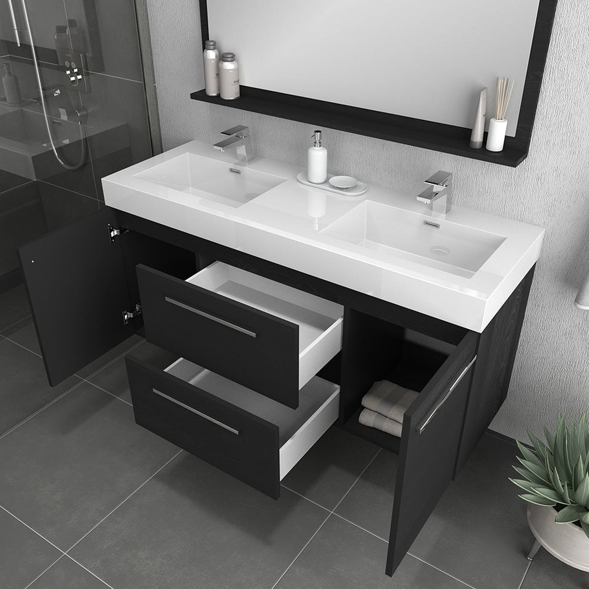 Alya Bath Ripley  54"  Double Black Modern Wall Mounted  Bathroom Vanity With Integrated Acrylic Top, Acrylic Sink and Wall Mounted Mirror - AT-8047-B-D+AT-48-M-B - Backyard Provider