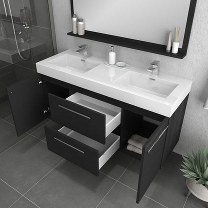 Alya Bath Ripley  54"  Double Black Modern Wall Mounted  Bathroom Vanity With Integrated Acrylic Top, Acrylic Sink and Wall Mounted Mirror - AT-8047-B-D+AT-48-M-B - Backyard Provider