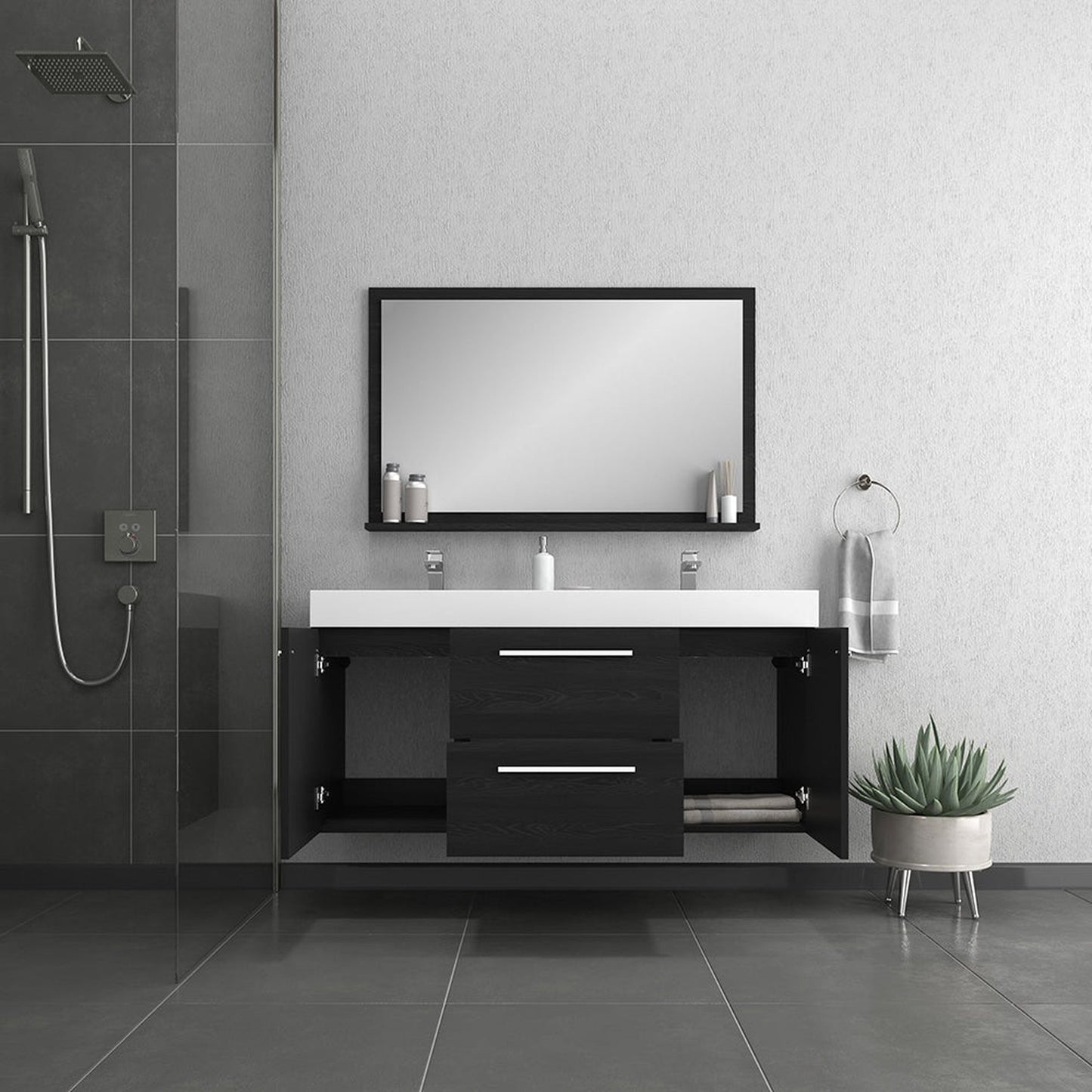 Alya Bath Ripley  54"  Double Black Modern Wall Mounted  Bathroom Vanity With Integrated Acrylic Top, Acrylic Sink and Wall Mounted Mirror - AT-8047-B-D+AT-48-M-B - Backyard Provider
