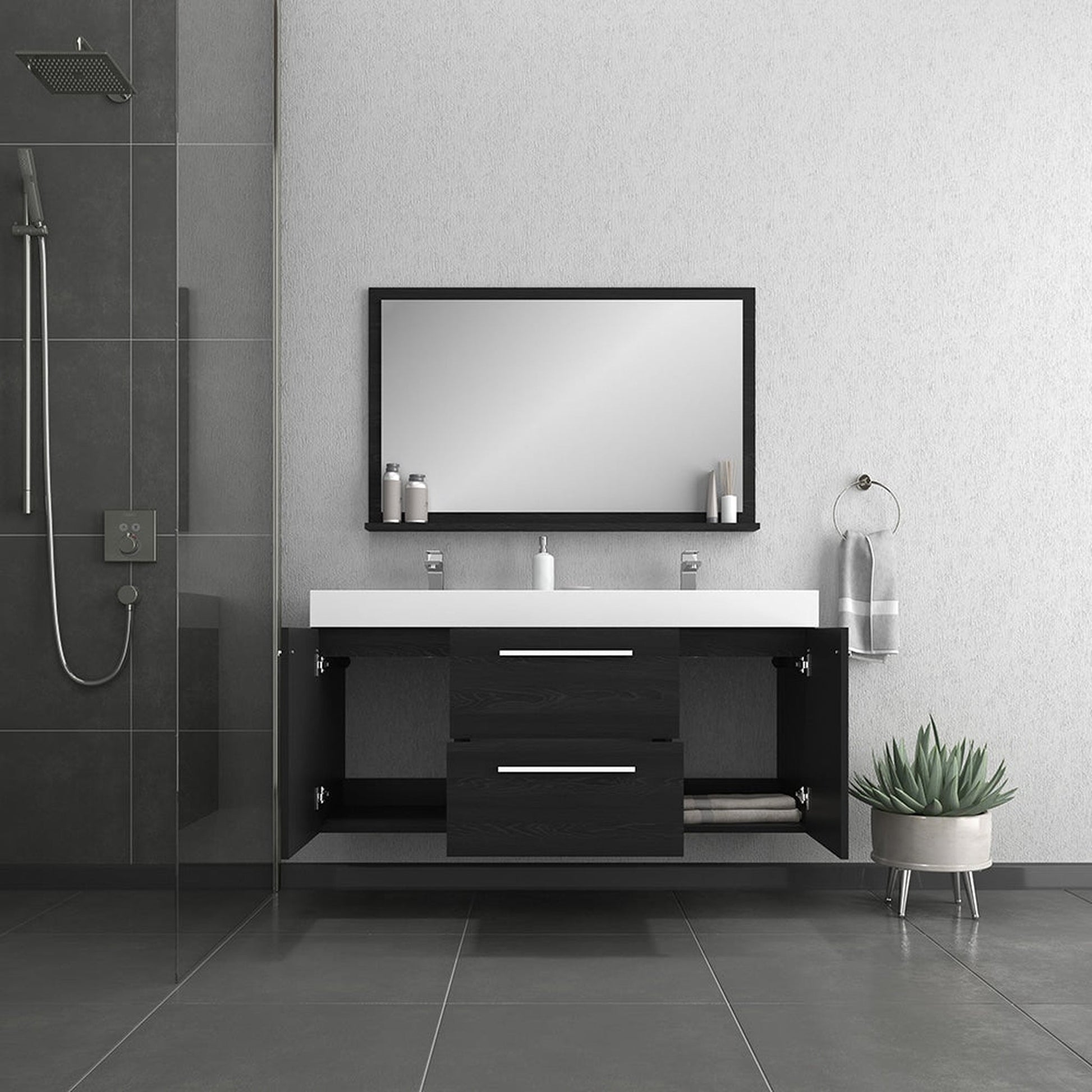 Alya Bath Ripley  54"  Double Black Modern Wall Mounted  Bathroom Vanity With Integrated Acrylic Top, Acrylic Sink and Wall Mounted Mirror - AT-8047-B-D+AT-48-M-B - Backyard Provider