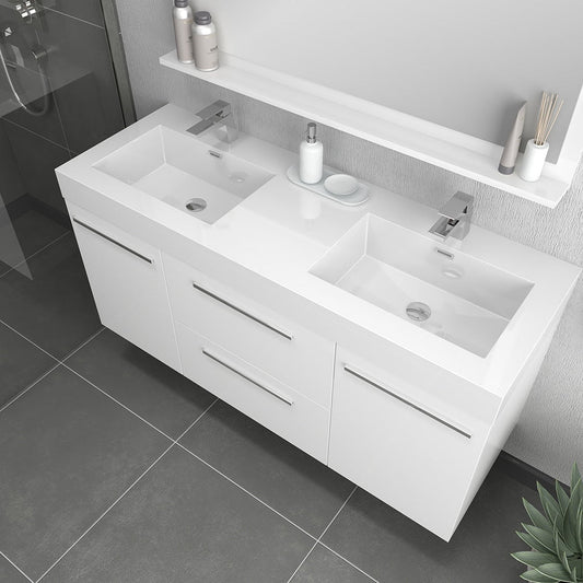 Alya Bath Ripley  54" Double White Modern Wall Mounted  Bathroom Vanity With Integrated Acrylic Top, Acrylic Sink and Wall Mounted Mirror - AT-8047-W-D+AT-48-M-W - Backyard Provider