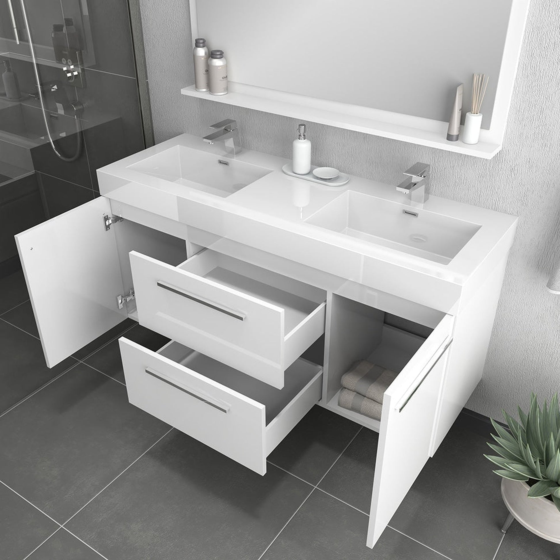 Alya Bath Ripley  54" Double White Modern Wall Mounted  Bathroom Vanity With Integrated Acrylic Top, Acrylic Sink and Wall Mounted Mirror - AT-8047-W-D+AT-48-M-W - Backyard Provider