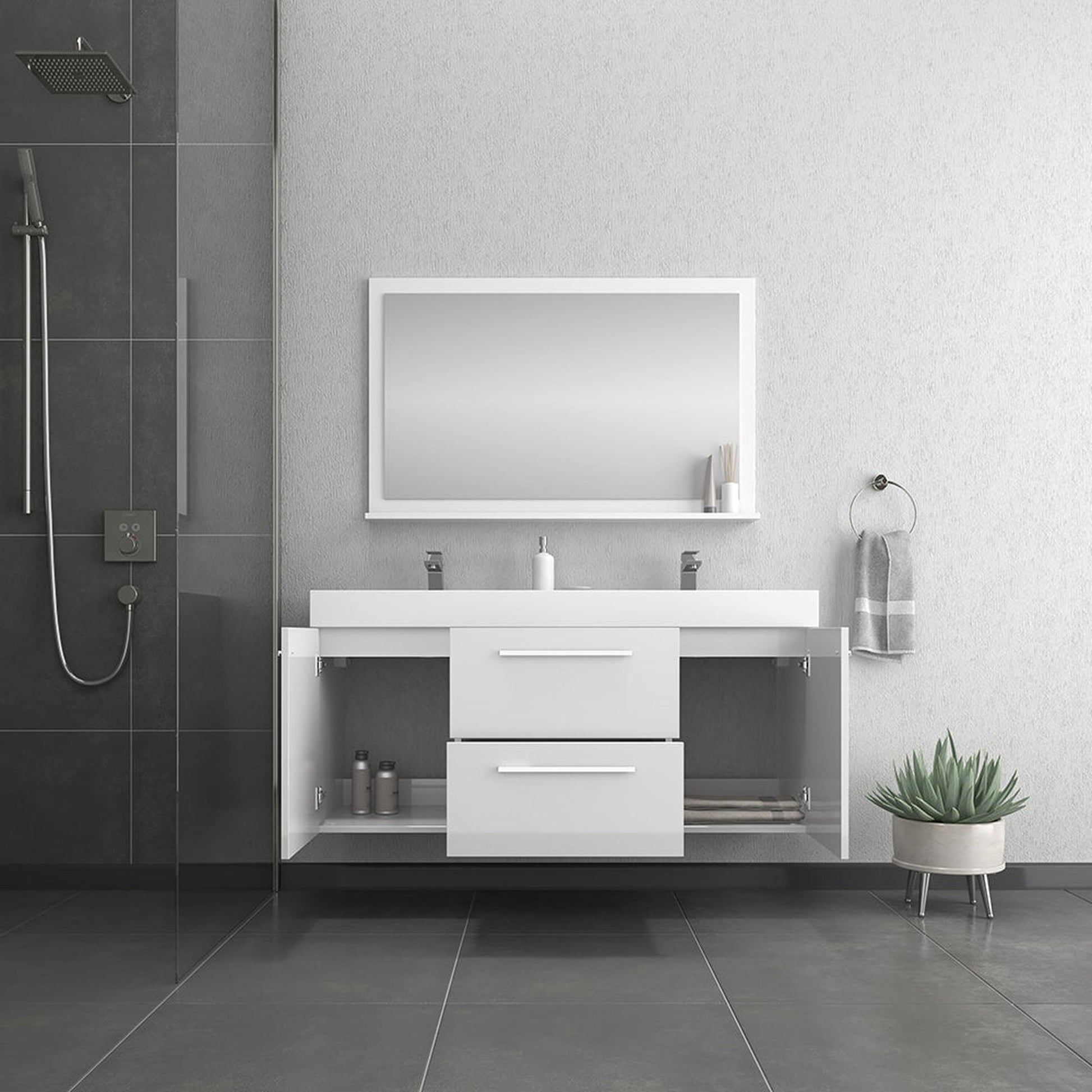 Alya Bath Ripley  54" Double White Modern Wall Mounted  Bathroom Vanity With Integrated Acrylic Top, Acrylic Sink and Wall Mounted Mirror - AT-8047-W-D+AT-48-M-W - Backyard Provider