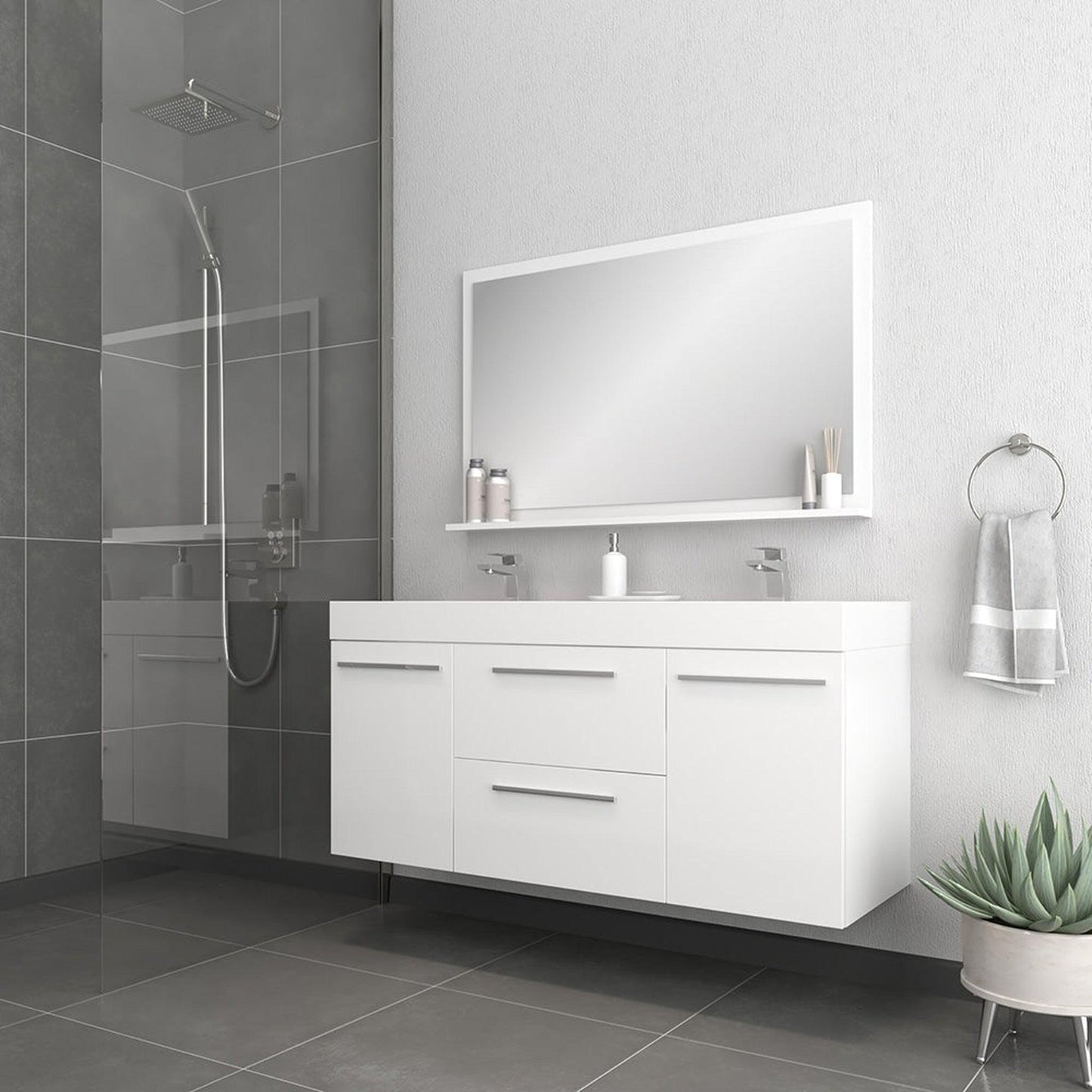 Alya Bath Ripley  54" Double White Modern Wall Mounted  Bathroom Vanity With Integrated Acrylic Top, Acrylic Sink and Wall Mounted Mirror - AT-8047-W-D+AT-48-M-W - Backyard Provider