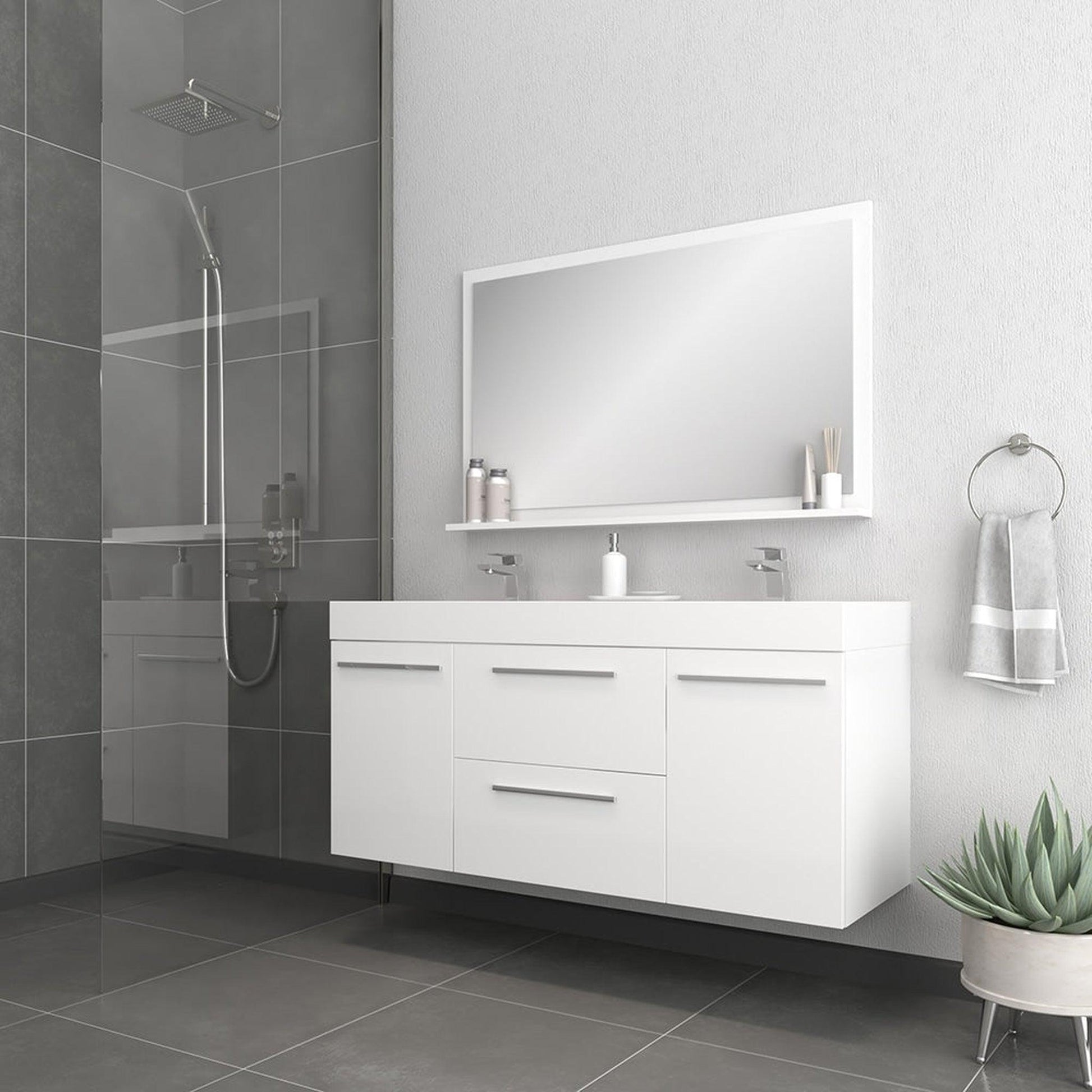 Alya Bath Ripley  54" Double White Modern Wall Mounted  Bathroom Vanity With Integrated Acrylic Top, Acrylic Sink and Wall Mounted Mirror - AT-8047-W-D+AT-48-M-W - Backyard Provider