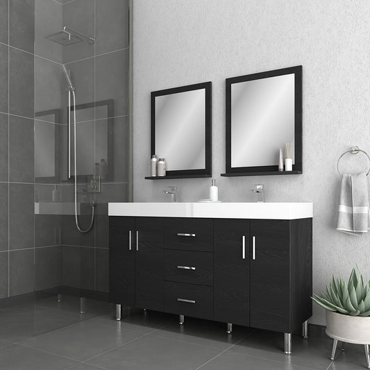 Alya Bath Ripley  56" Double Black Modern Freestanding  Bathroom Vanity With Integrated Acrylic Top, Acrylic Sink and Wall Mounted Mirror - AT-8043-B-D+2x AT-24-M-B - Backyard Provider