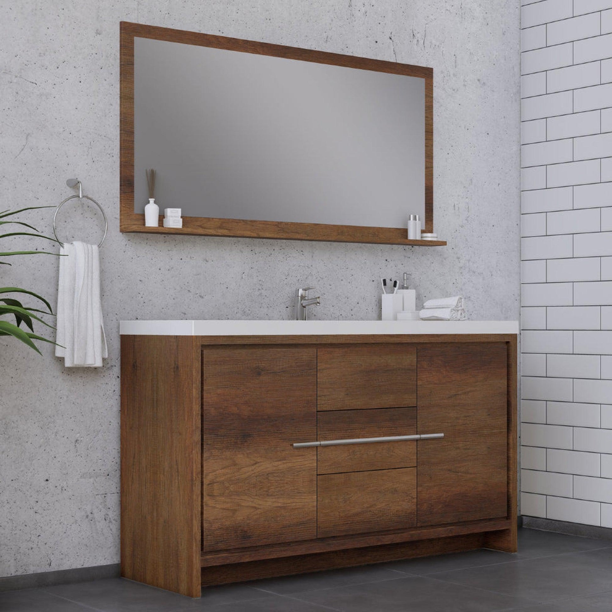 Alya Bath Sortino 60" Single Rosewood  Modern Freestanding  Bathroom Vanity With Acrylic Top and Integrated Sink - AB-MD660S-RW - Backyard Provider