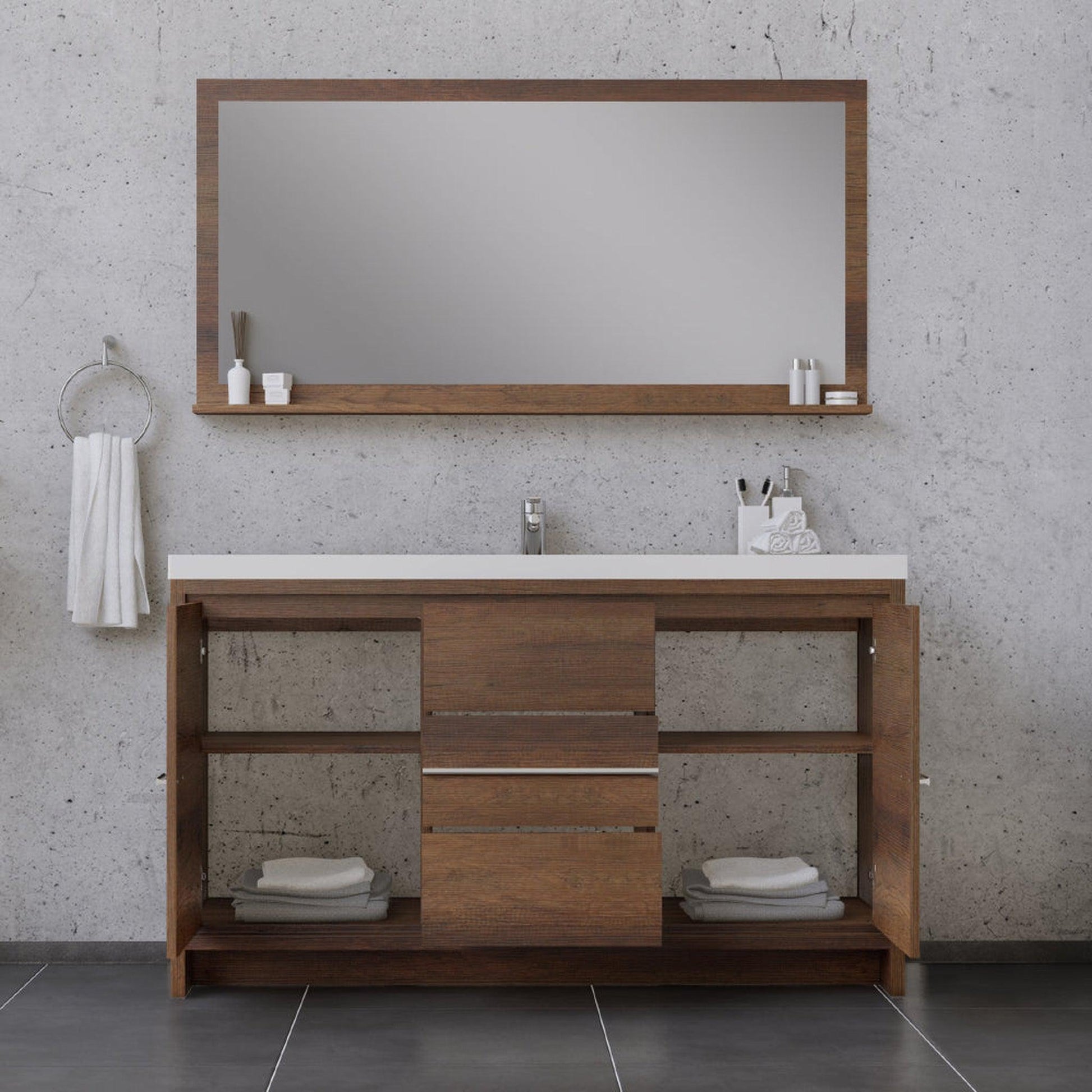 Alya Bath Sortino 60" Single Rosewood  Modern Freestanding  Bathroom Vanity With Acrylic Top and Integrated Sink - AB-MD660S-RW - Backyard Provider