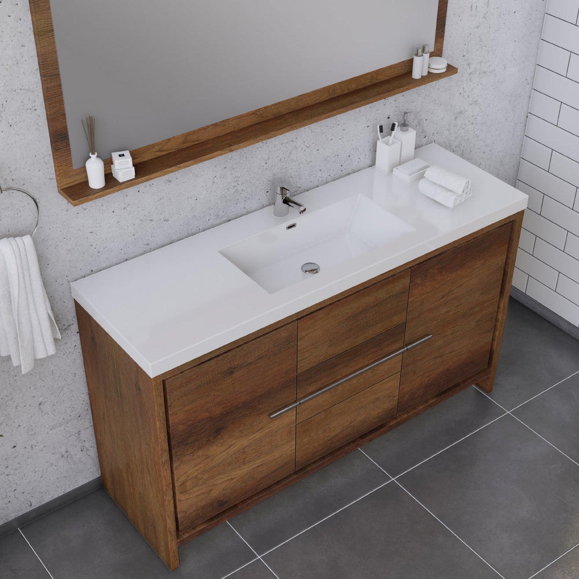 Alya Bath Sortino 60" Single Rosewood  Modern Freestanding  Bathroom Vanity With Acrylic Top and Integrated Sink - AB-MD660S-RW - Backyard Provider