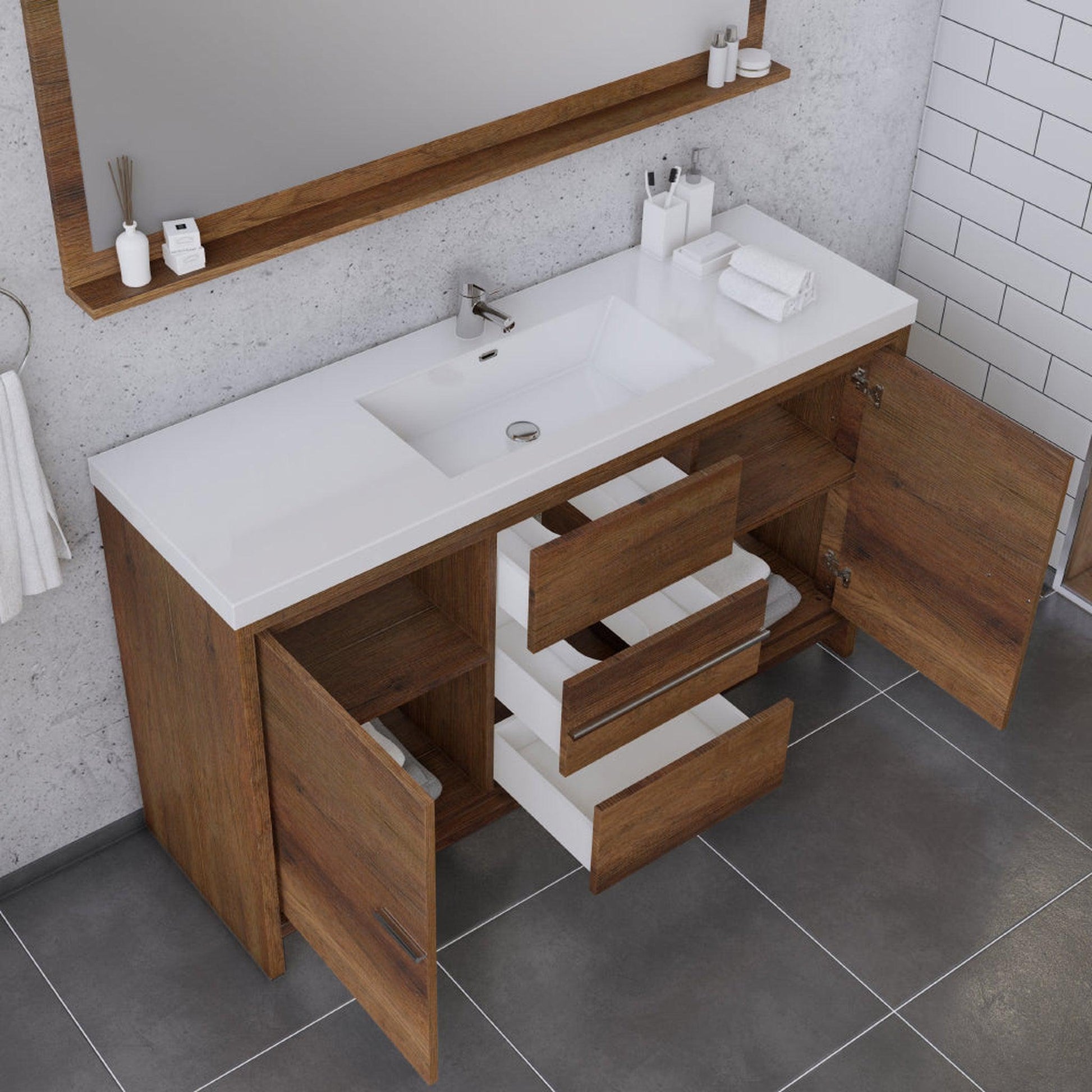 Alya Bath Sortino 60" Single Rosewood  Modern Freestanding  Bathroom Vanity With Acrylic Top and Integrated Sink - AB-MD660S-RW - Backyard Provider