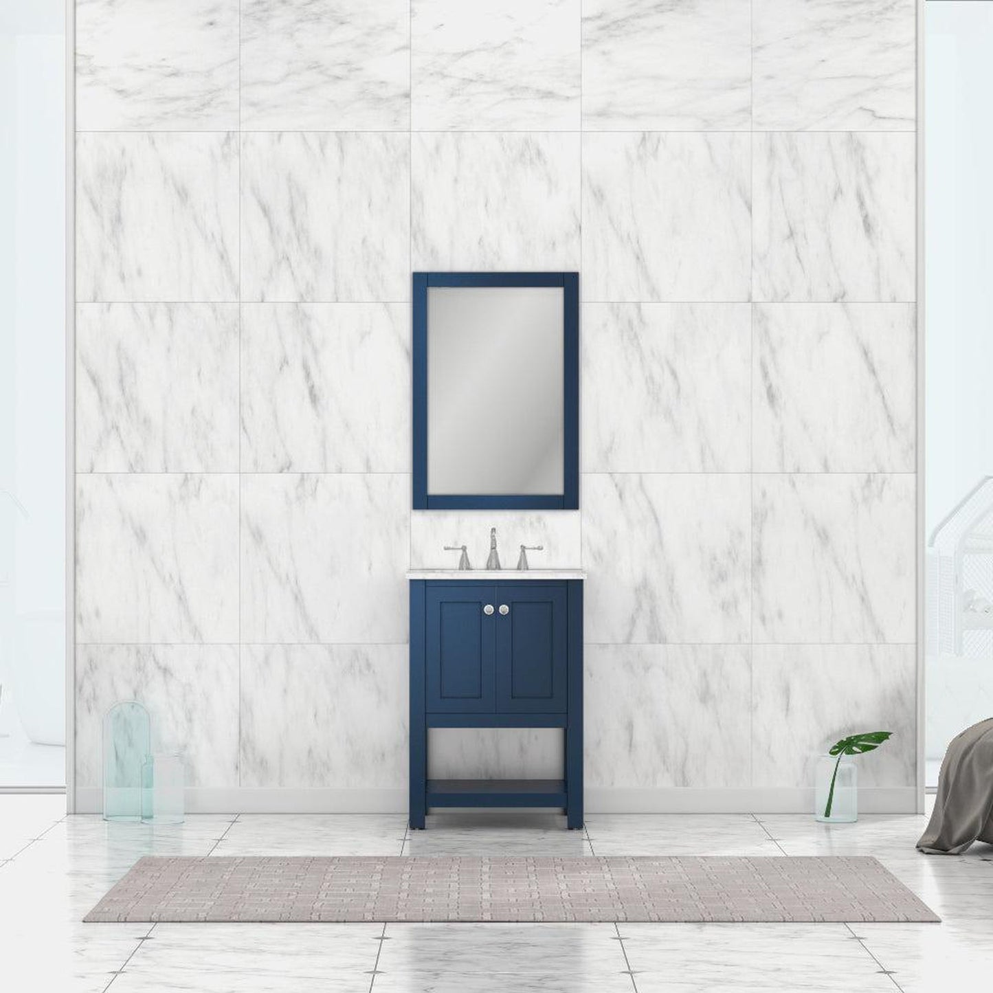 Alya Bath Wilmington 24" Single Blue Freestanding  Bathroom Vanity With Carrara Marble Top, Ceramic Sink and Wall Mounted Mirror - HE-102-24-B-CWMT+HE-101/102-24-B-M - Backyard Provider