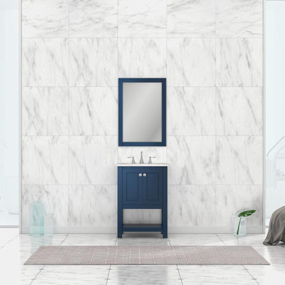 Alya Bath Wilmington 24" Single Blue Freestanding  Bathroom Vanity With Carrara Marble Top, Ceramic Sink and Wall Mounted Mirror - HE-102-24-B-CWMT+HE-101/102-24-B-M - Backyard Provider