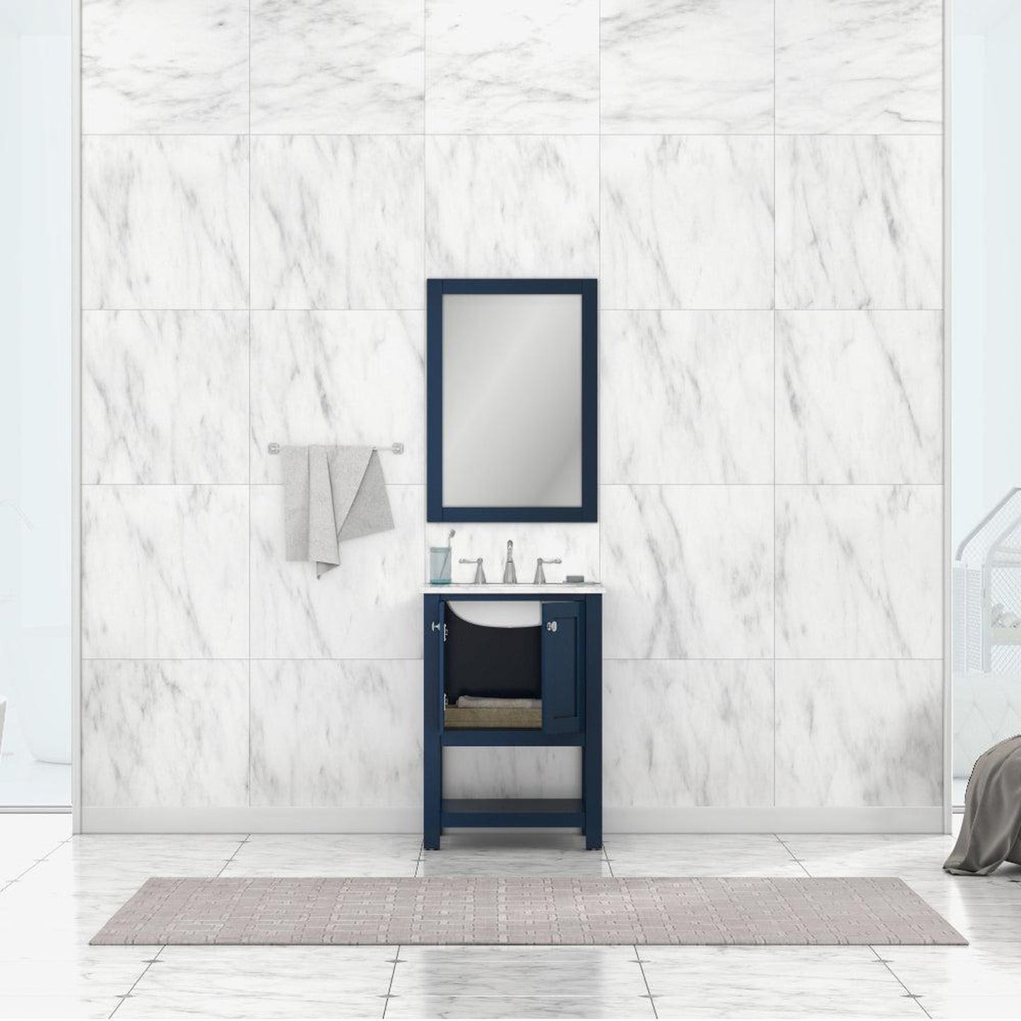 Alya Bath Wilmington 24" Single Blue Freestanding  Bathroom Vanity With Carrara Marble Top, Ceramic Sink and Wall Mounted Mirror - HE-102-24-B-CWMT+HE-101/102-24-B-M - Backyard Provider
