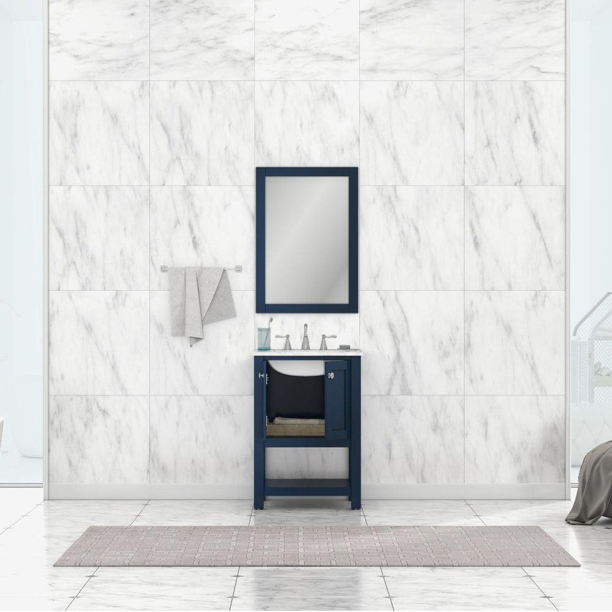 Alya Bath Wilmington 24" Single Blue Freestanding  Bathroom Vanity With Carrara Marble Top, Ceramic Sink and Wall Mounted Mirror - HE-102-24-B-CWMT+HE-101/102-24-B-M - Backyard Provider