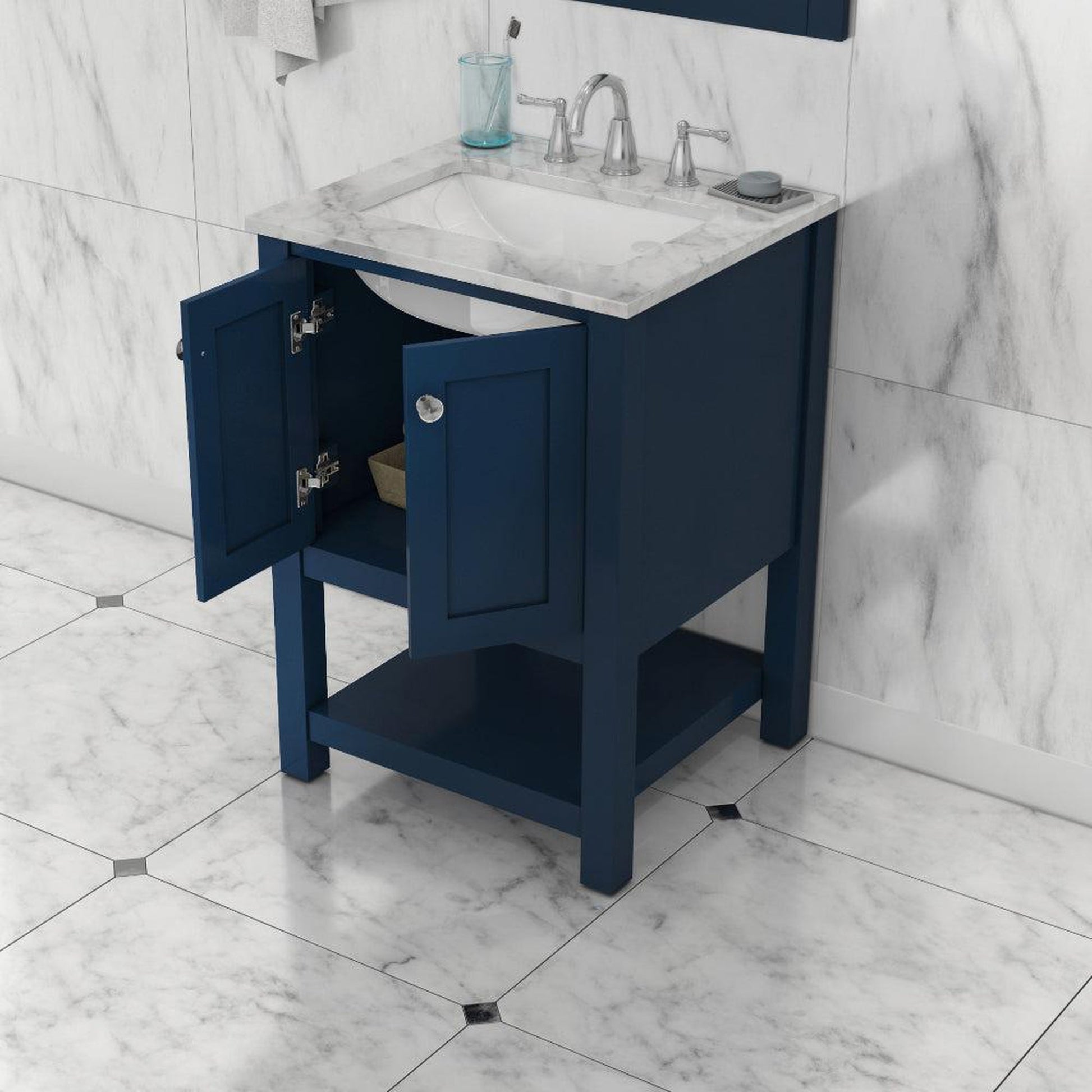 Alya Bath Wilmington 24" Single Blue Freestanding  Bathroom Vanity With Carrara Marble Top, Ceramic Sink and Wall Mounted Mirror - HE-102-24-B-CWMT+HE-101/102-24-B-M - Backyard Provider