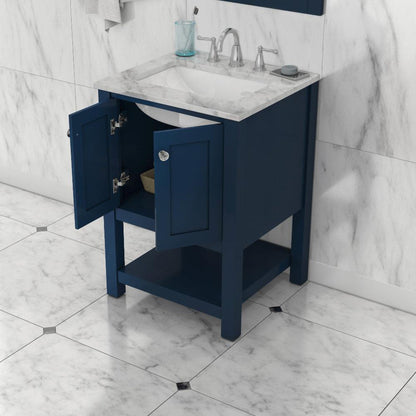 Alya Bath Wilmington 24" Single Blue Freestanding  Bathroom Vanity With Carrara Marble Top, Ceramic Sink and Wall Mounted Mirror - HE-102-24-B-CWMT+HE-101/102-24-B-M - Backyard Provider