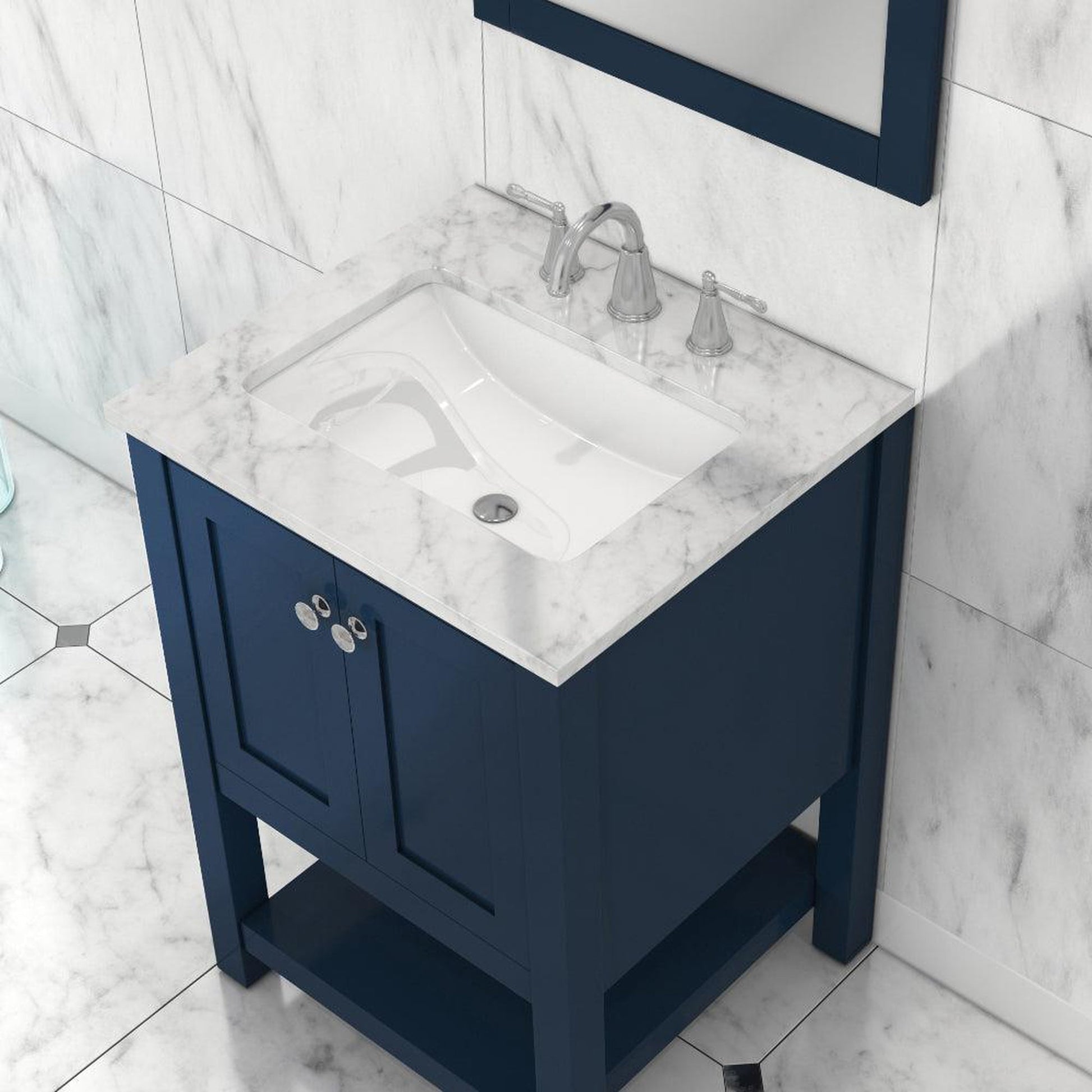 Alya Bath Wilmington 24" Single Blue Freestanding  Bathroom Vanity With Carrara Marble Top, Ceramic Sink and Wall Mounted Mirror - HE-102-24-B-CWMT+HE-101/102-24-B-M - Backyard Provider