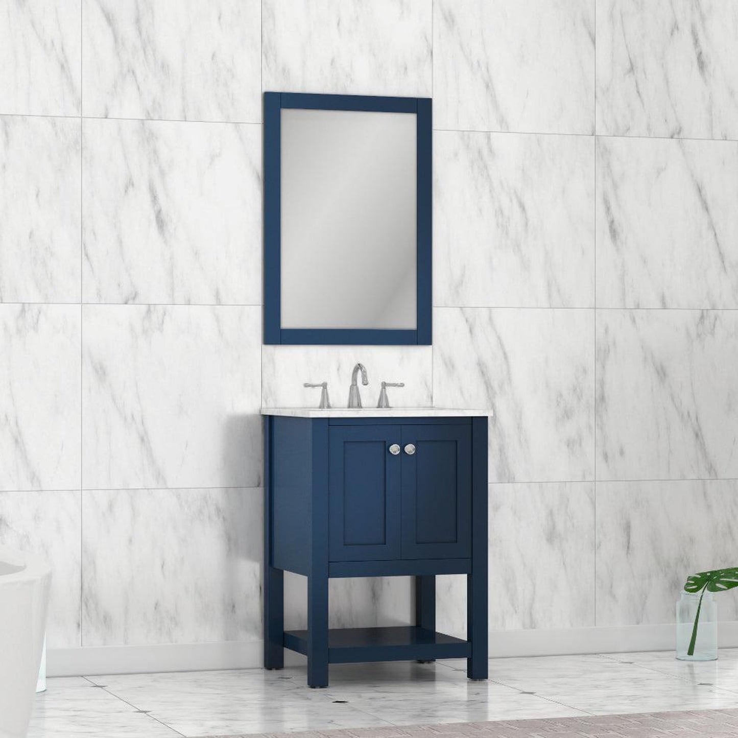 Alya Bath Wilmington 24" Single Blue Freestanding  Bathroom Vanity With Carrara Marble Top, Ceramic Sink and Wall Mounted Mirror - HE-102-24-B-CWMT+HE-101/102-24-B-M - Backyard Provider