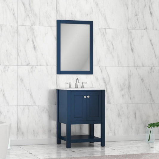 Alya Bath Wilmington 24" Single Blue Freestanding  Bathroom Vanity With Carrara Marble Top, Ceramic Sink and Wall Mounted Mirror - HE-102-24-B-CWMT+HE-101/102-24-B-M - Backyard Provider