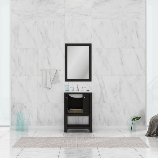 Alya Bath Wilmington 24" Single Espresso Freestanding Single Bathroom Vanity With Carrara Marble Top, Ceramic Sink and Wall Mounted Mirror - HE-102-24-E-CWMT+HE-101/102-24-E-M - Backyard Provider