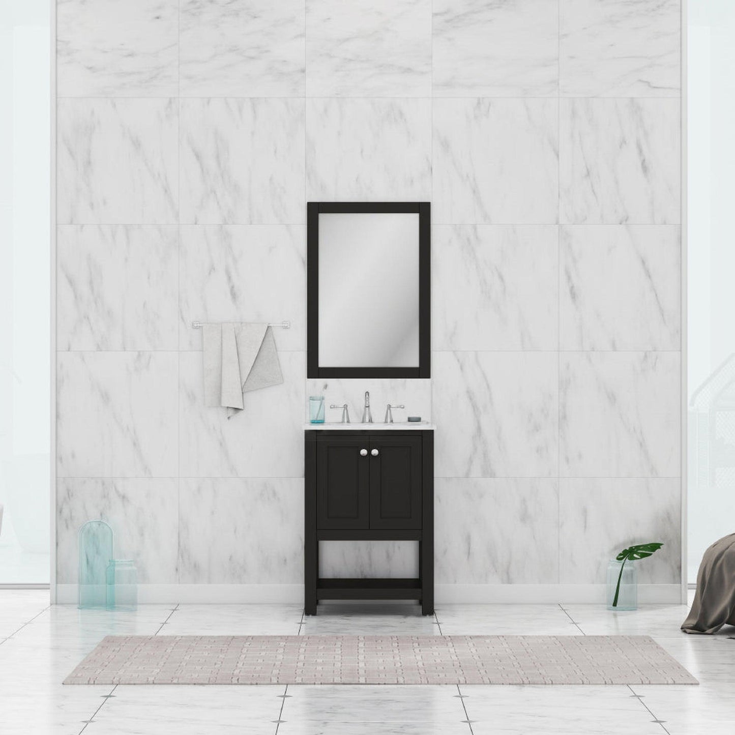 Alya Bath Wilmington 24" Single Espresso Freestanding Single Bathroom Vanity With Carrara Marble Top, Ceramic Sink and Wall Mounted Mirror - HE-102-24-E-CWMT+HE-101/102-24-E-M - Backyard Provider