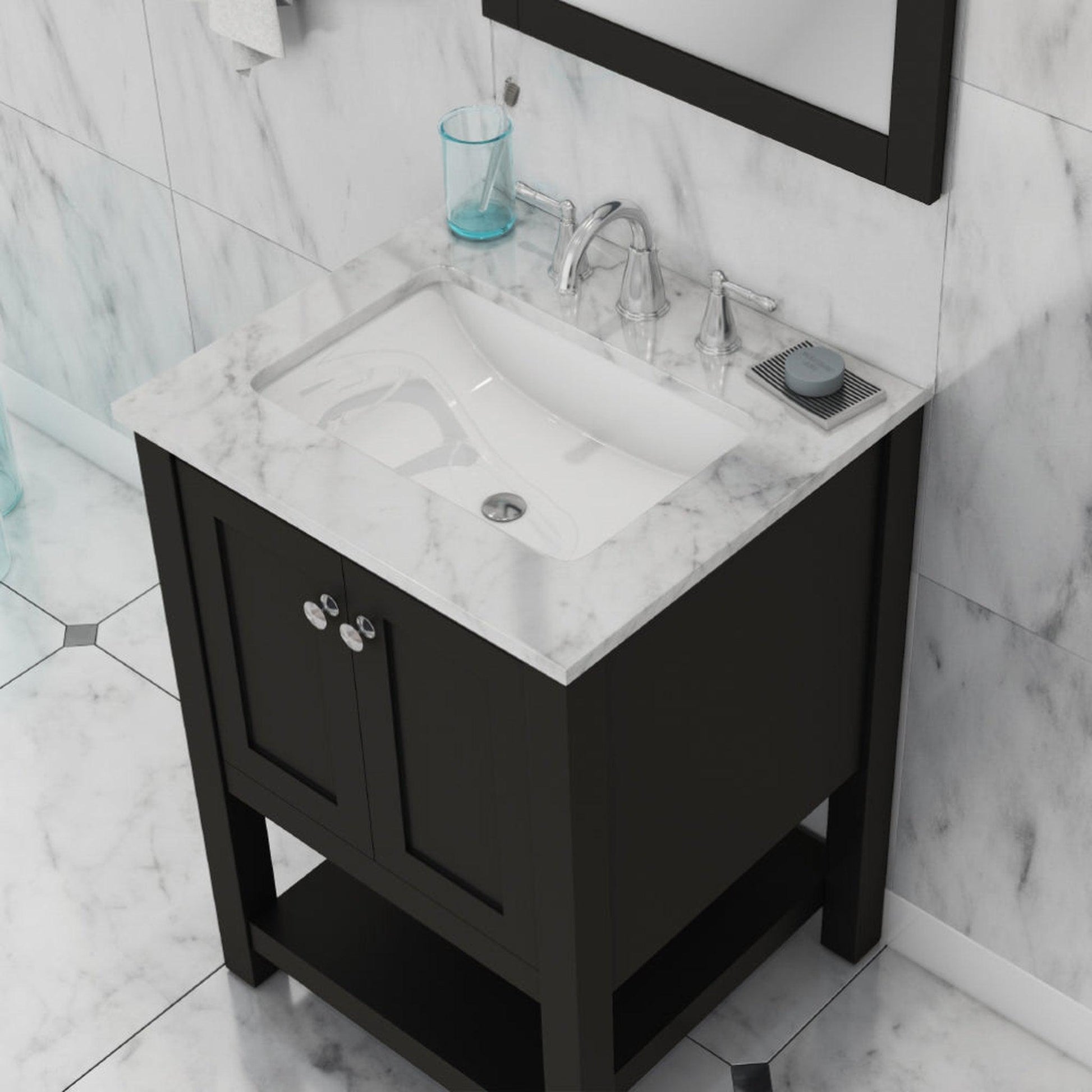 Alya Bath Wilmington 24" Single Espresso Freestanding Single Bathroom Vanity With Carrara Marble Top, Ceramic Sink and Wall Mounted Mirror - HE-102-24-E-CWMT+HE-101/102-24-E-M - Backyard Provider