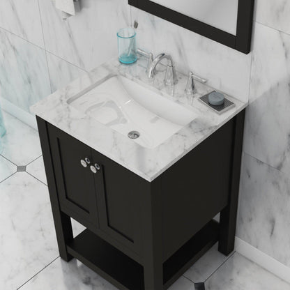 Alya Bath Wilmington 24" Single Espresso Freestanding Single Bathroom Vanity With Carrara Marble Top, Ceramic Sink and Wall Mounted Mirror - HE-102-24-E-CWMT+HE-101/102-24-E-M - Backyard Provider
