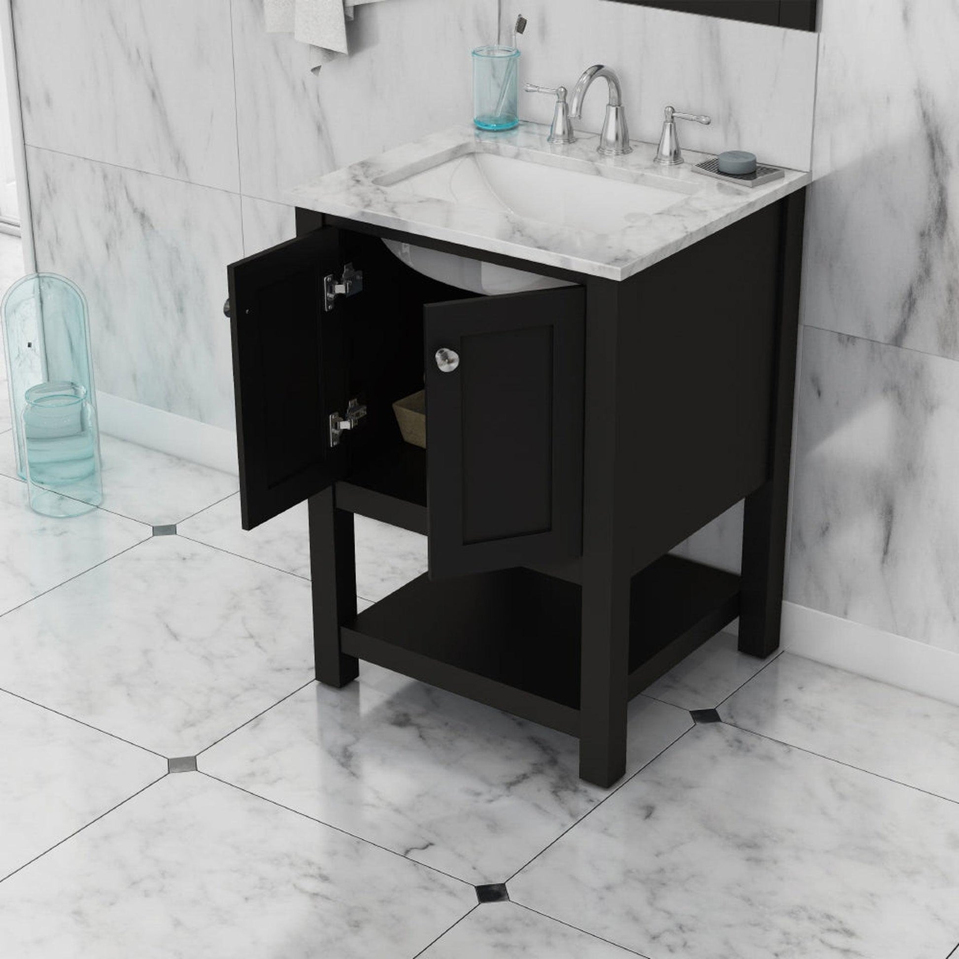 Alya Bath Wilmington 24" Single Espresso Freestanding Single Bathroom Vanity With Carrara Marble Top, Ceramic Sink and Wall Mounted Mirror - HE-102-24-E-CWMT+HE-101/102-24-E-M - Backyard Provider