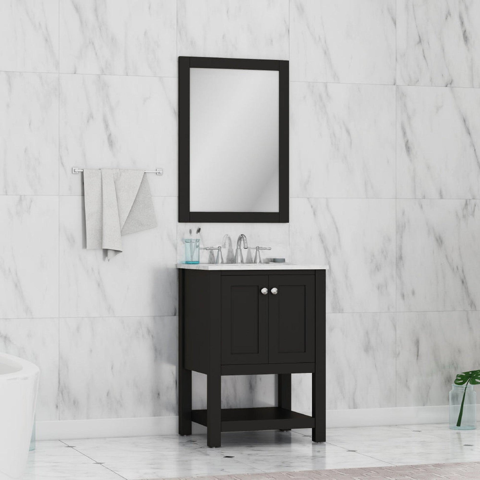 Alya Bath Wilmington 24" Single Espresso Freestanding Single Bathroom Vanity With Carrara Marble Top, Ceramic Sink and Wall Mounted Mirror - HE-102-24-E-CWMT+HE-101/102-24-E-M - Backyard Provider