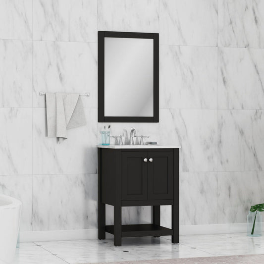 Alya Bath Wilmington 24" Single Espresso Freestanding Single Bathroom Vanity With Carrara Marble Top, Ceramic Sink and Wall Mounted Mirror - HE-102-24-E-CWMT+HE-101/102-24-E-M - Backyard Provider