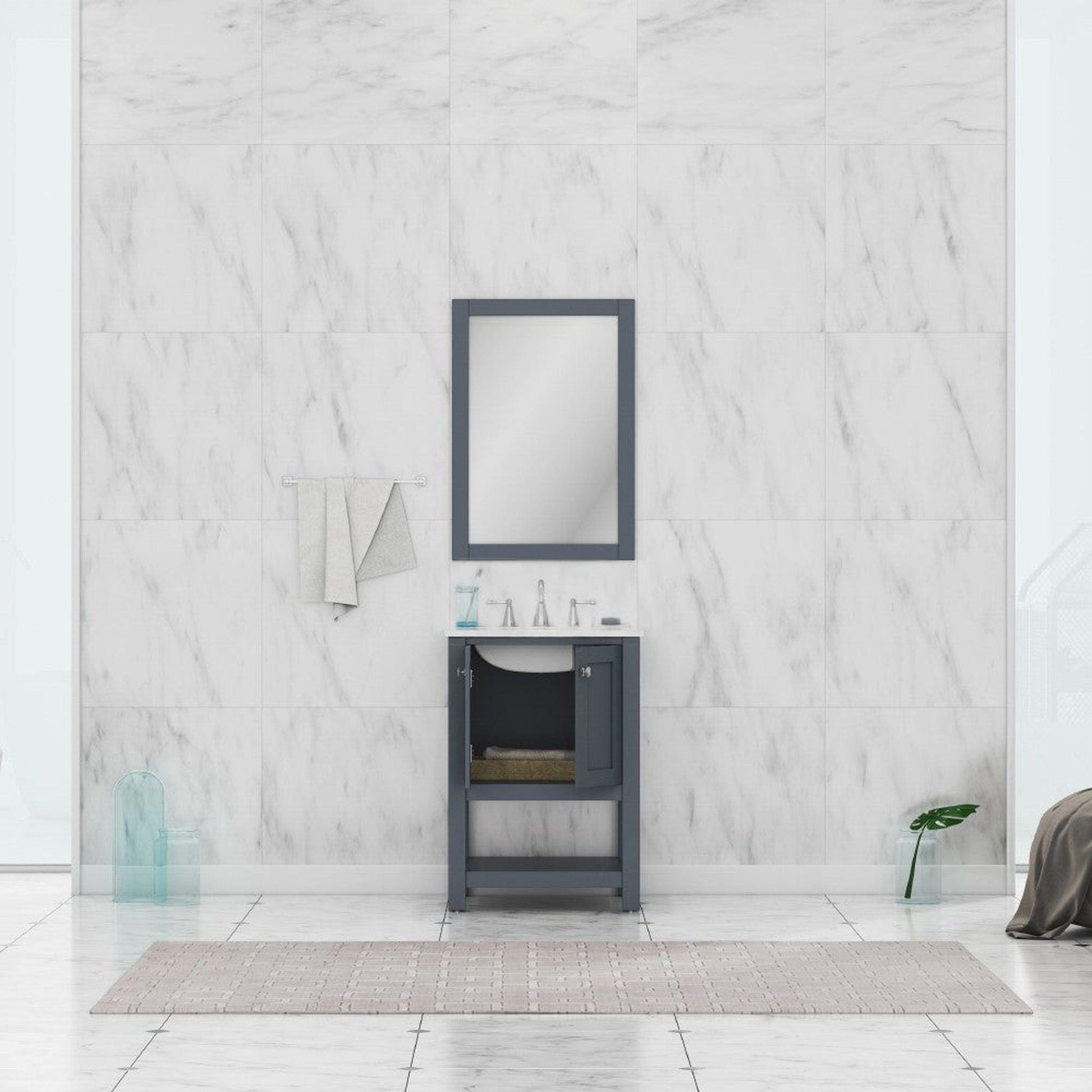 Alya Bath Wilmington 24" Single Gray Freestanding  Bathroom Vanity With Carrara Marble Top, Ceramic Sink and Wall Mounted Mirror - HE-102-24-G-CWMT+HE-101/102-24-G-M - Backyard Provider