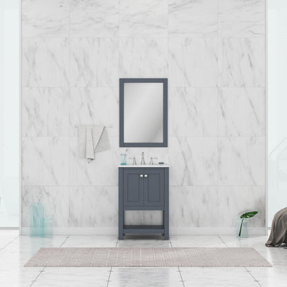 Alya Bath Wilmington 24" Single Gray Freestanding  Bathroom Vanity With Carrara Marble Top, Ceramic Sink and Wall Mounted Mirror - HE-102-24-G-CWMT+HE-101/102-24-G-M - Backyard Provider