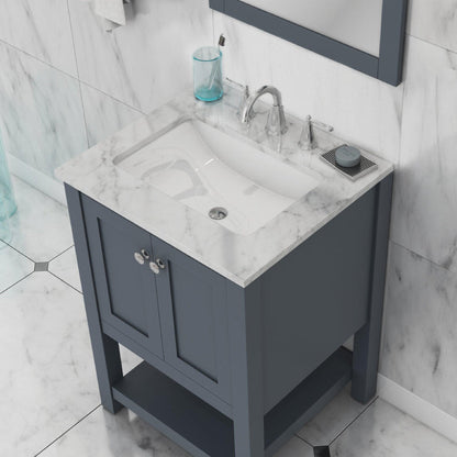 Alya Bath Wilmington 24" Single Gray Freestanding  Bathroom Vanity With Carrara Marble Top, Ceramic Sink and Wall Mounted Mirror - HE-102-24-G-CWMT+HE-101/102-24-G-M - Backyard Provider